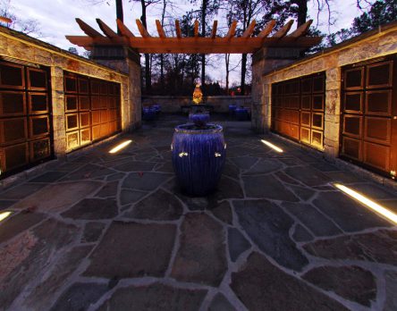 All Saints Catholic Church Columbarium at Dusk with Outdoor Lighting