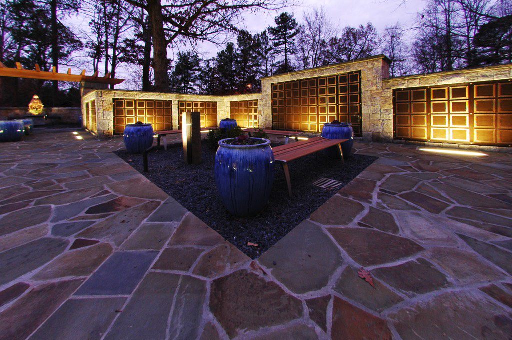 All Saints Catholic Church Columbarium Benches and Planters at Dusk