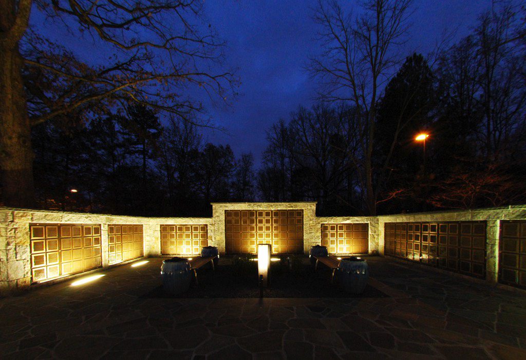 All Saints Catholic Church Columbarium at Night with Lights